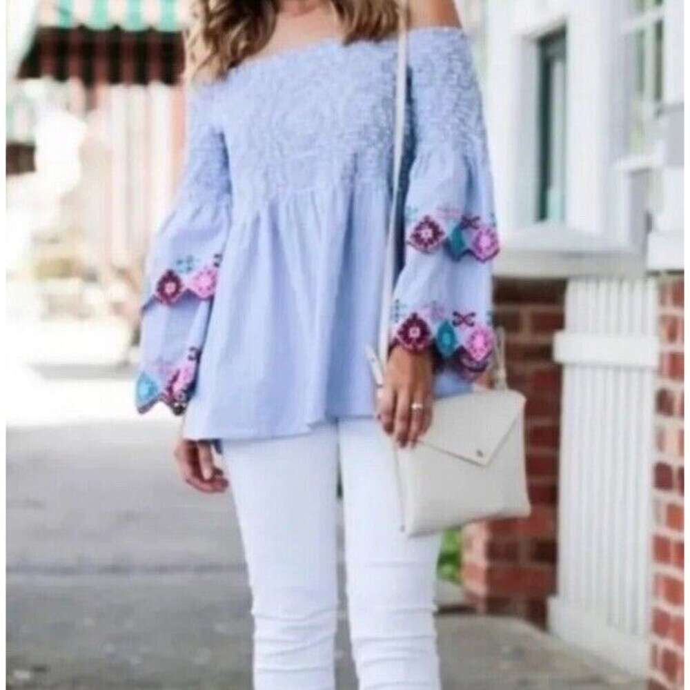 NWT‎ Loft Off Shoulder Embroidered Sleeves Stretch Top Blue White Striped…